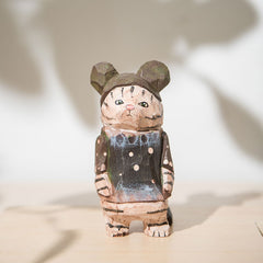 Handcrafted Mouse Eared Cat Wooden Sculpture - Playfully Purrfect!