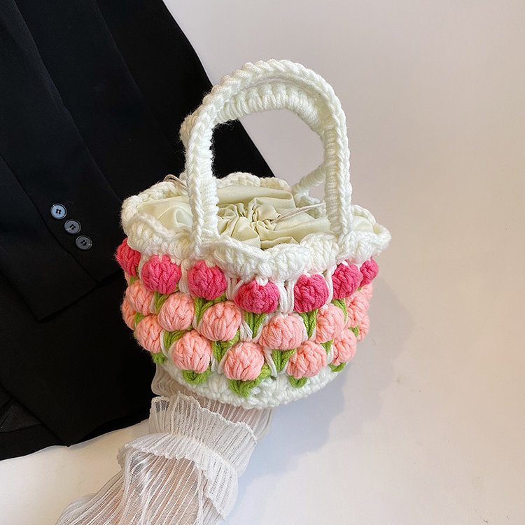 Handcrafted Knitted Triple Row Tulip Small Beach Bag