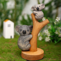Handcrafted Tree-Hugging Koala Family Wood Carving Sculpture