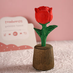 Handcrafted Wooden Rose Sculpture - Red Rose with Green Stem and Leaves