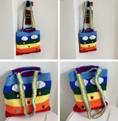 Handcrafted Rainbow Color Cloud and Raindrop Knitted Tote Bag