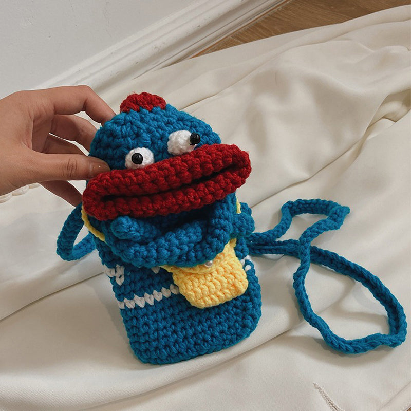 Handcrafted Blue Ugly Doll with Big Red Mouth Knitted Bag