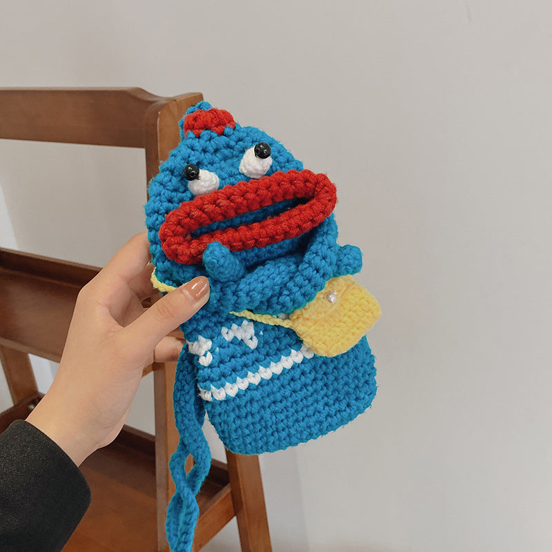 Handcrafted Blue Ugly Doll with Big Red Mouth Knitted Bag