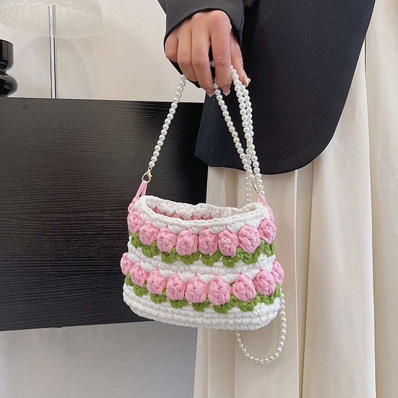 Handcrafted Knitted Double Row Tulip Crossbody Bag with Pearl Strap