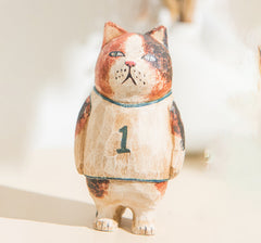 Handcrafted Sporty Cat Wooden Sculpture - Champion of Cuteness!