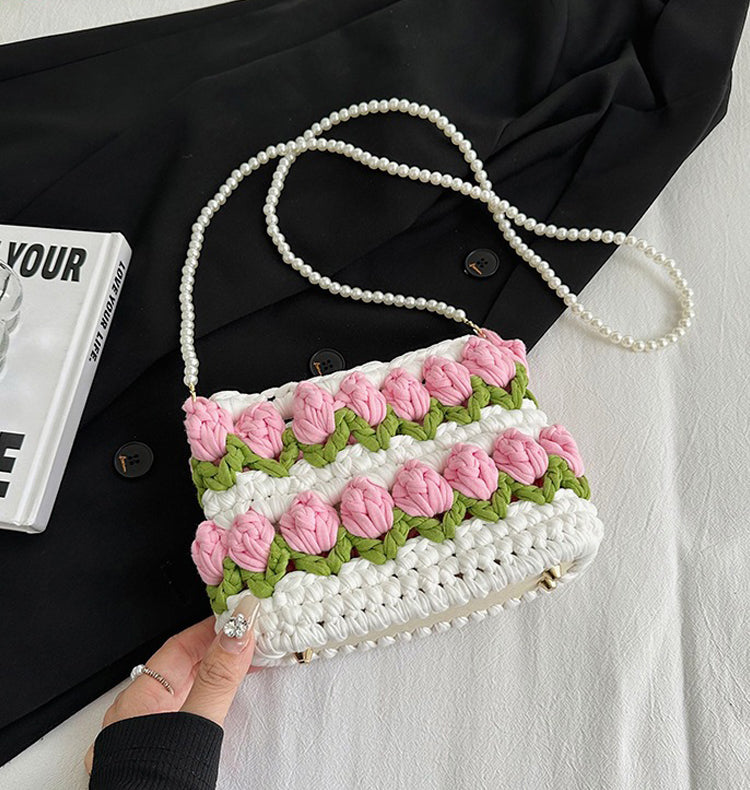 Handcrafted Knitted Double Row Tulip Crossbody Bag with Pearl Strap
