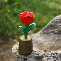 Handcrafted Wooden Rose Sculpture - Red Rose with Green Stem and Leaves