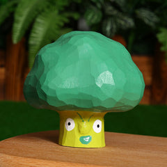 Handcrafted Cheeky Broccoli Wood Carving Statue - A Veggie with Attitude