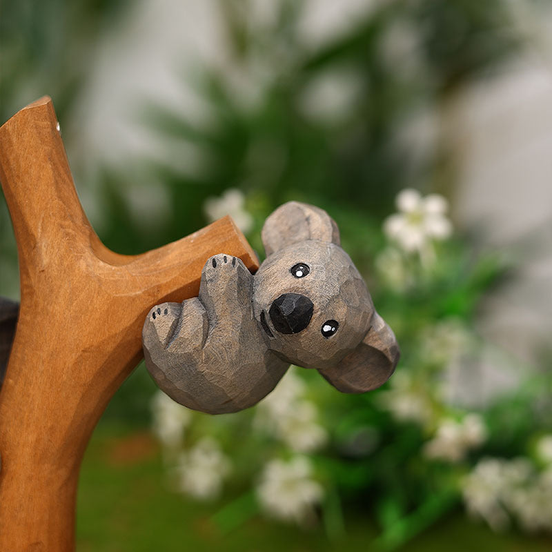 Handcrafted Tree-Hugging Koala Family Wood Carving Sculpture