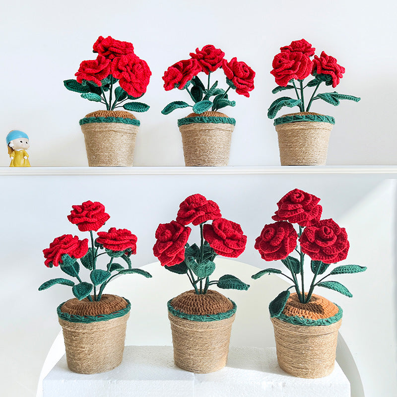 Handcrafted  Crochet Blooming Knitted Rose Planter