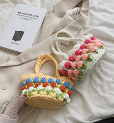 Handcrafted Knitted Triple Row Tulip Small Beach Bag