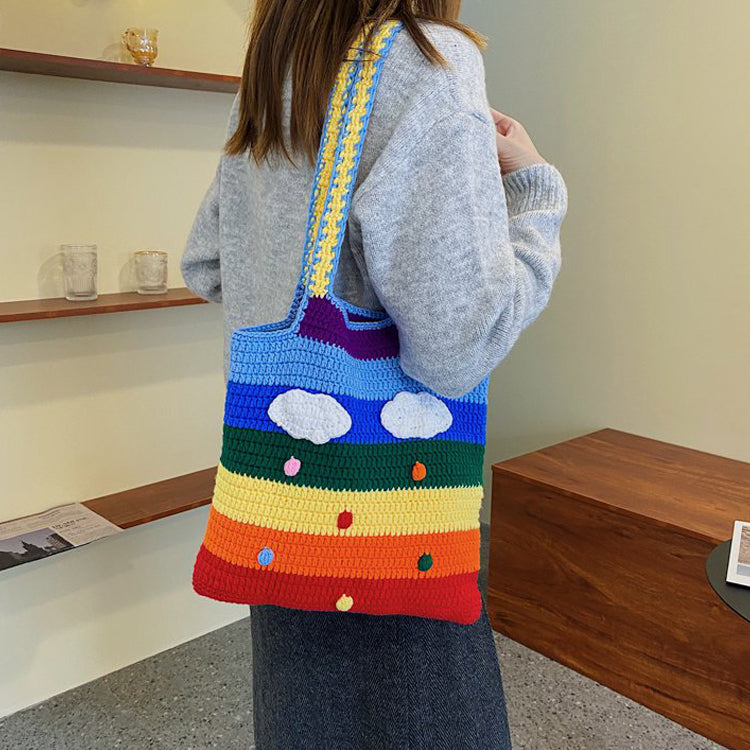 Handcrafted Rainbow Color Cloud and Raindrop Knitted Tote Bag