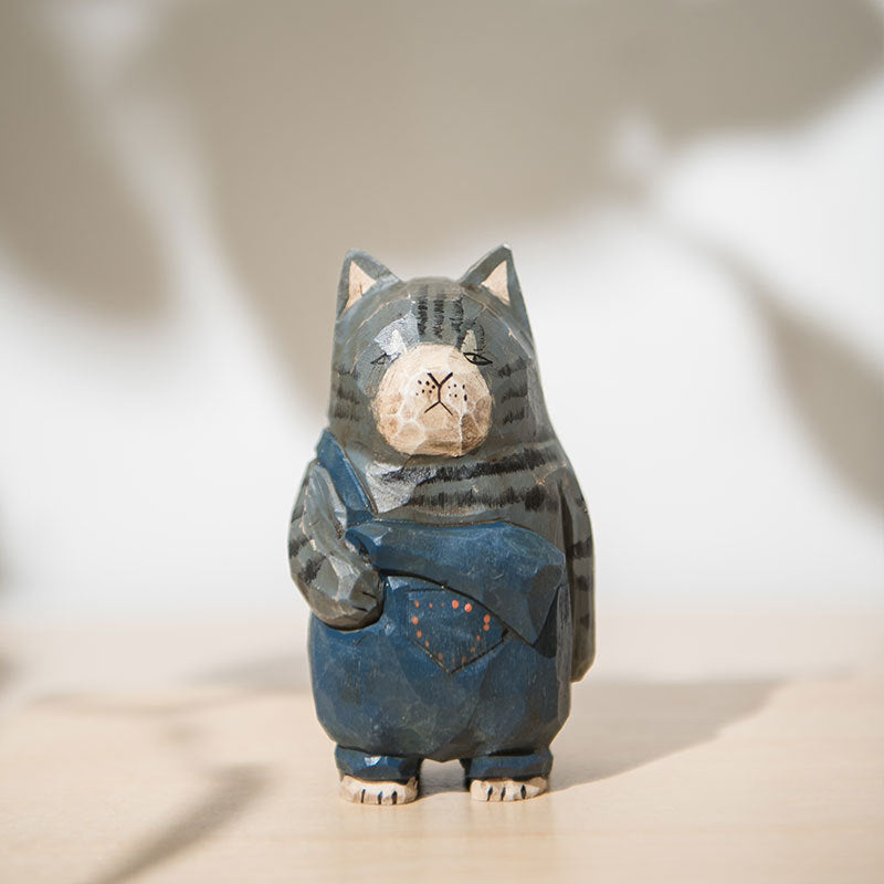 Handcrafted Trendy Striped Cat Wooden Sculpture - Purr-fectly Stylish!