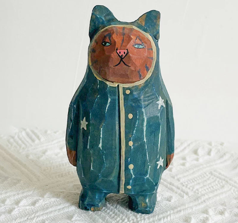 Handcrafted Pajama Cat Wooden Sculpture - Dreamy and Adorable!