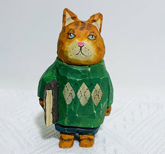 Handcrafted Academic Cat Wooden Sculpture - Scholarly and Stylish!